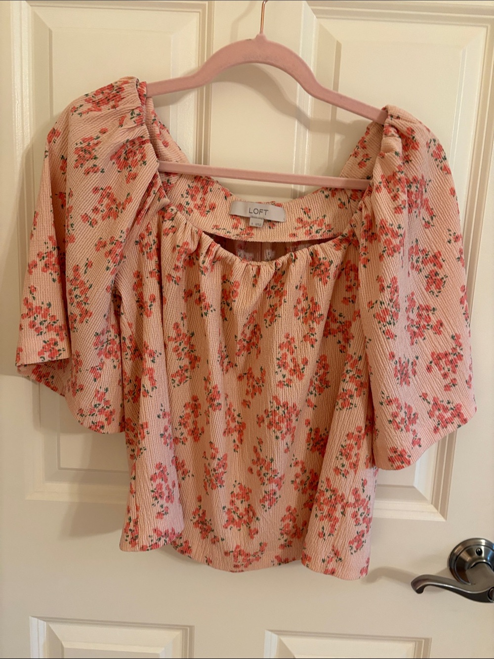 LOFT Blush Pink Floral Square-Neck Puff Sleeve Top